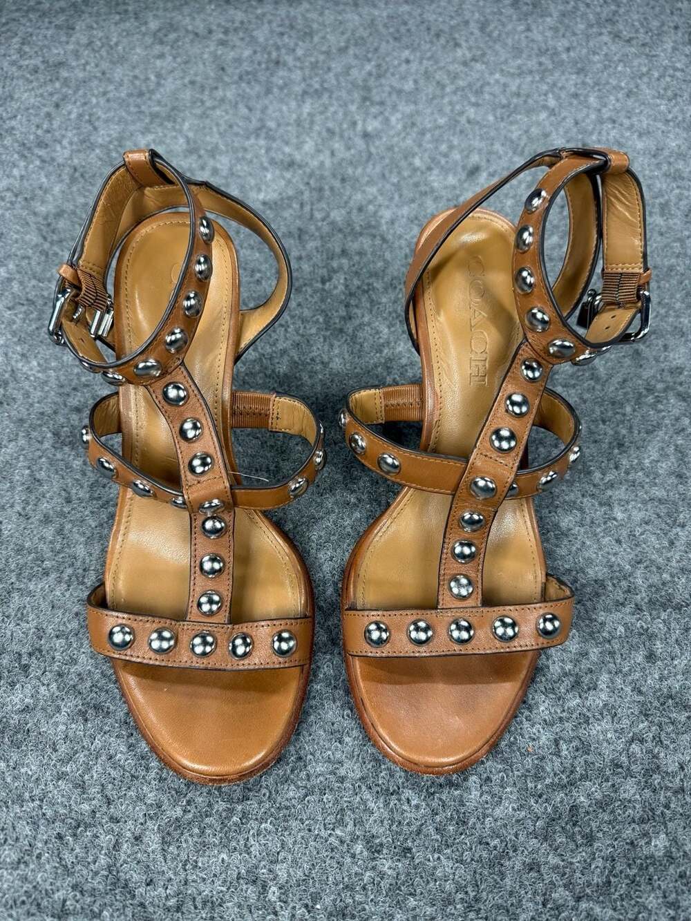 Coach Isabel Studded Ankle-Strap Heeled Sandals in Saddle Leather